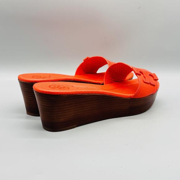 Tory Burch Sandals Womens 10 Orange Leather Mikael Wedge Slide Platform Logo - Picture 7 of 10